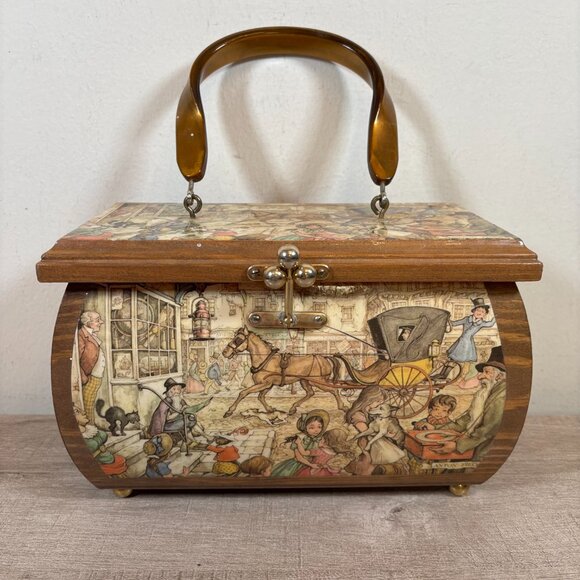 Vtg Decoupage Wooden Purse - Picture 2 of 14